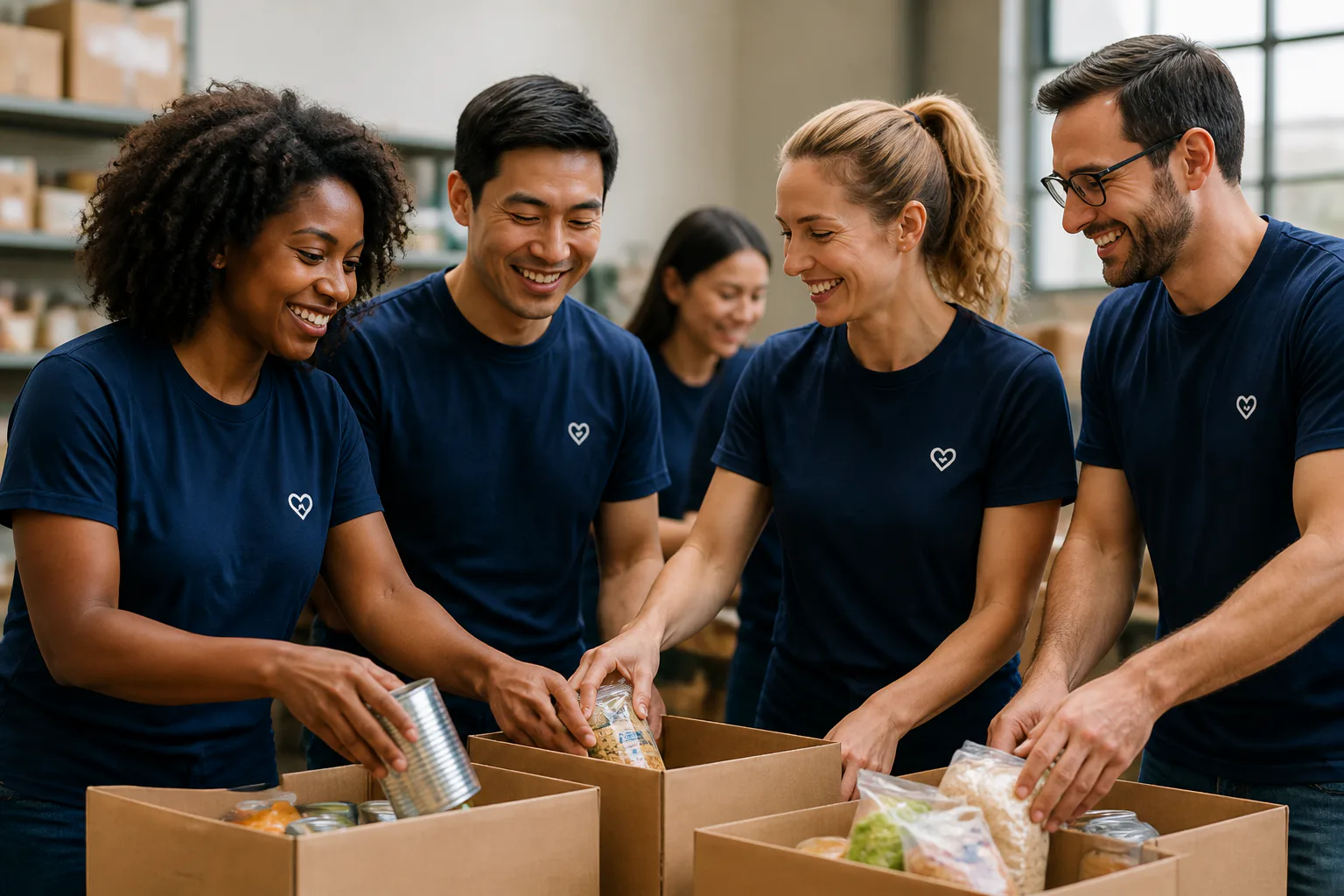 Coworkers packing community donations together