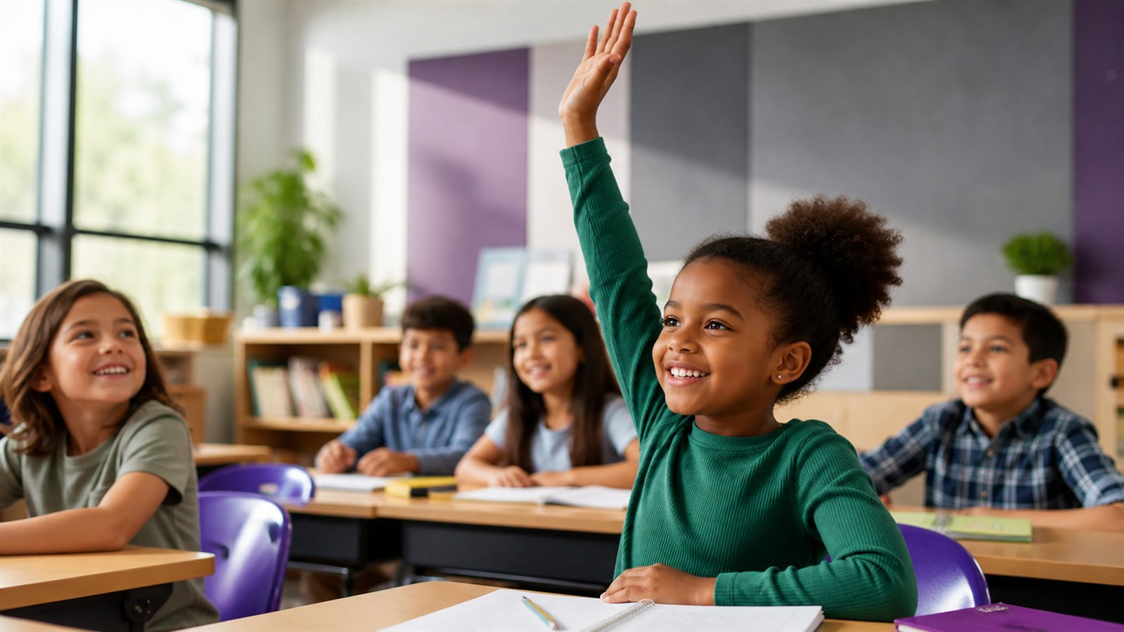 Students learning together in a bright classroom